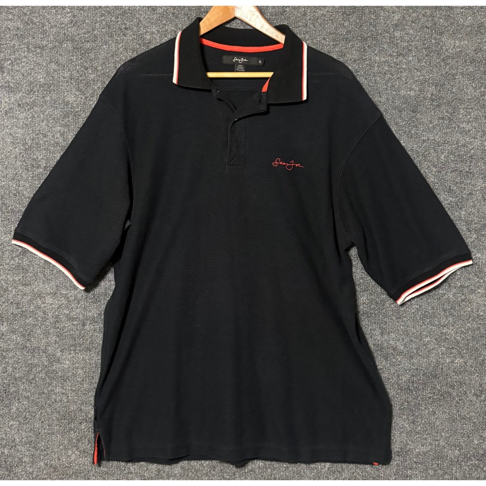 Vintage Sean John Mens Black Textured Polo Shirt Red Trim Size‎ XL